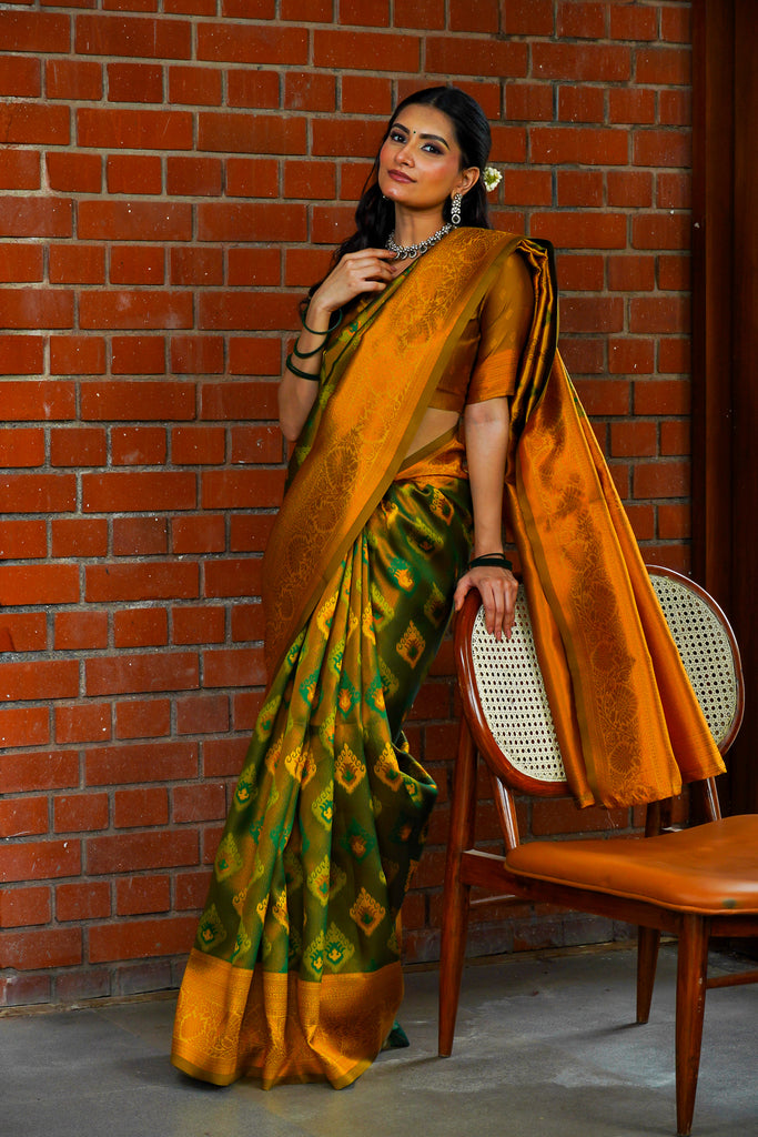 Olive Green & Mustard Kanjivaram Silk Saree - VELIZAA