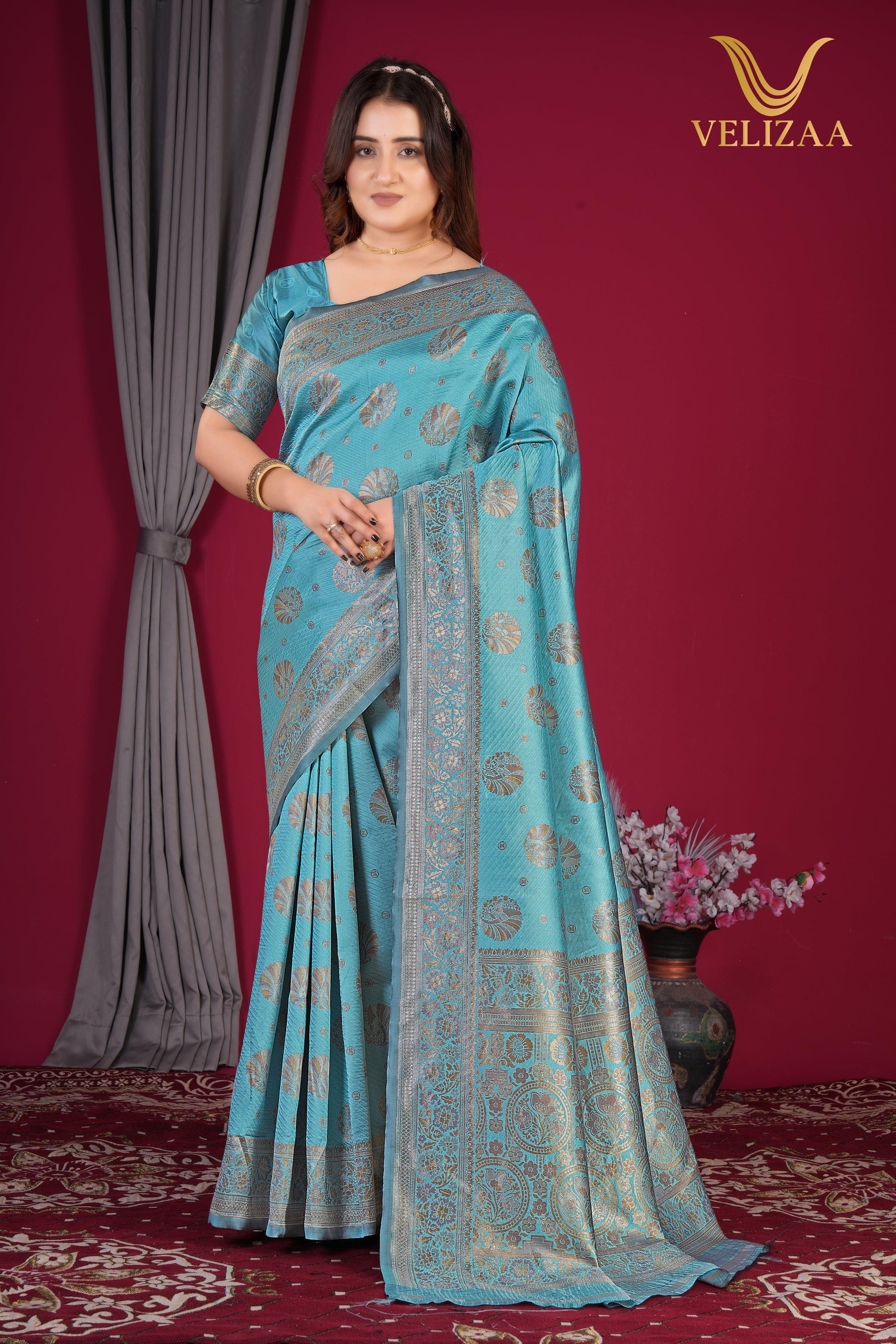 Sky Blue Woven Banarasi Silk Saree - VELIZAA