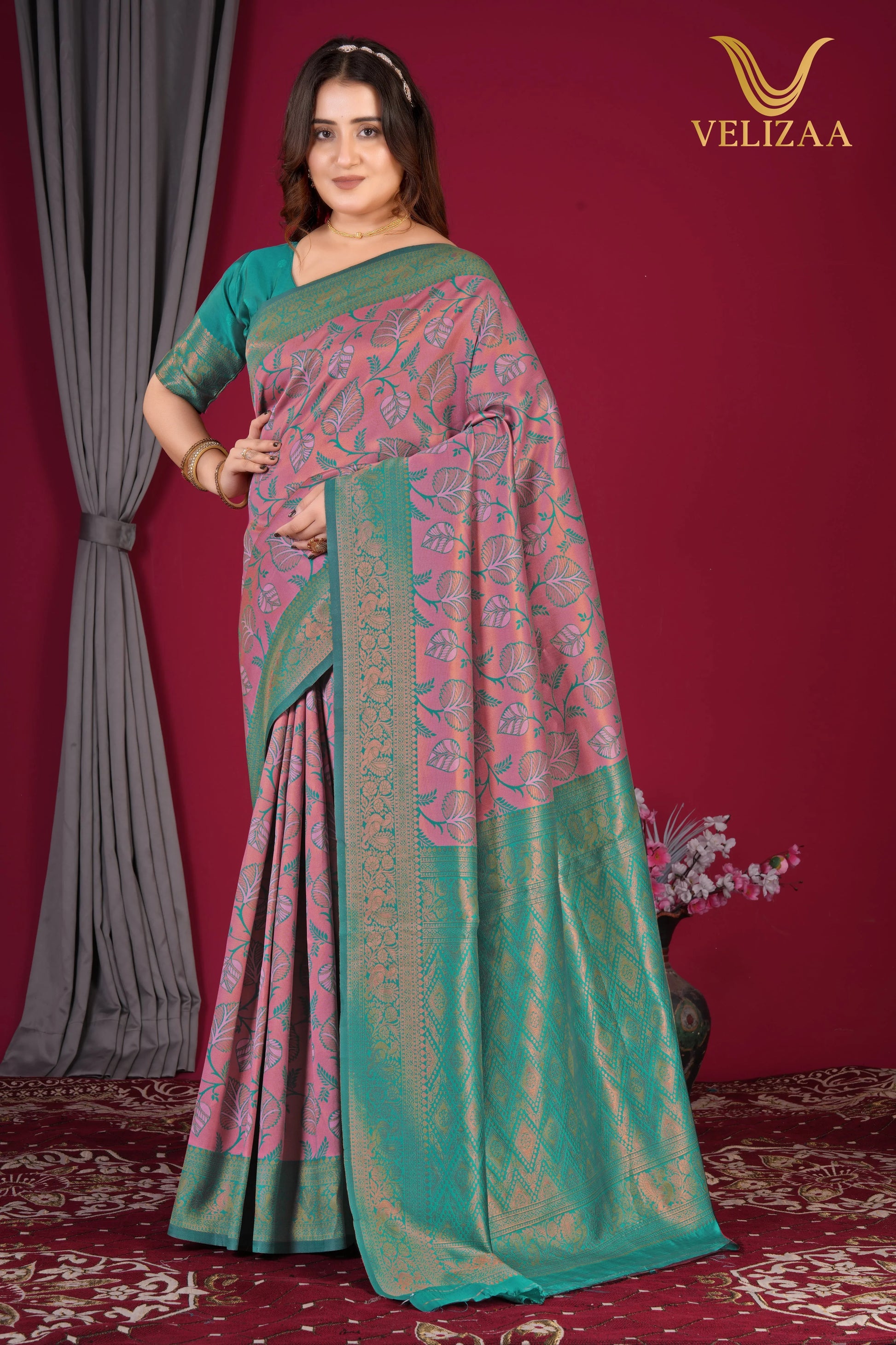 Pink & Green Soft Silk Kanjivaram Saree - VELIZAA