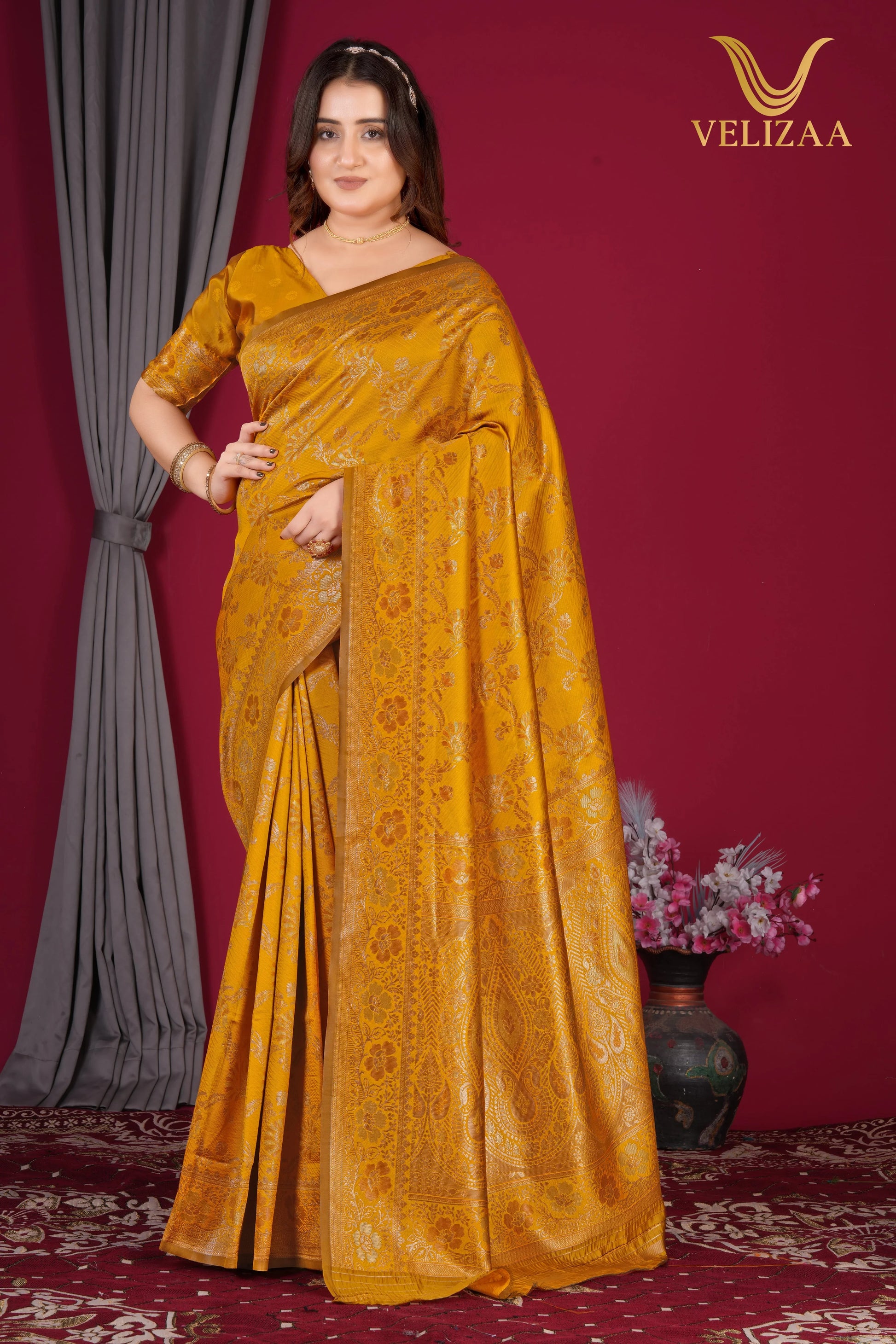 Mustard Woven Banarasi Silk Saree - VELIZAA