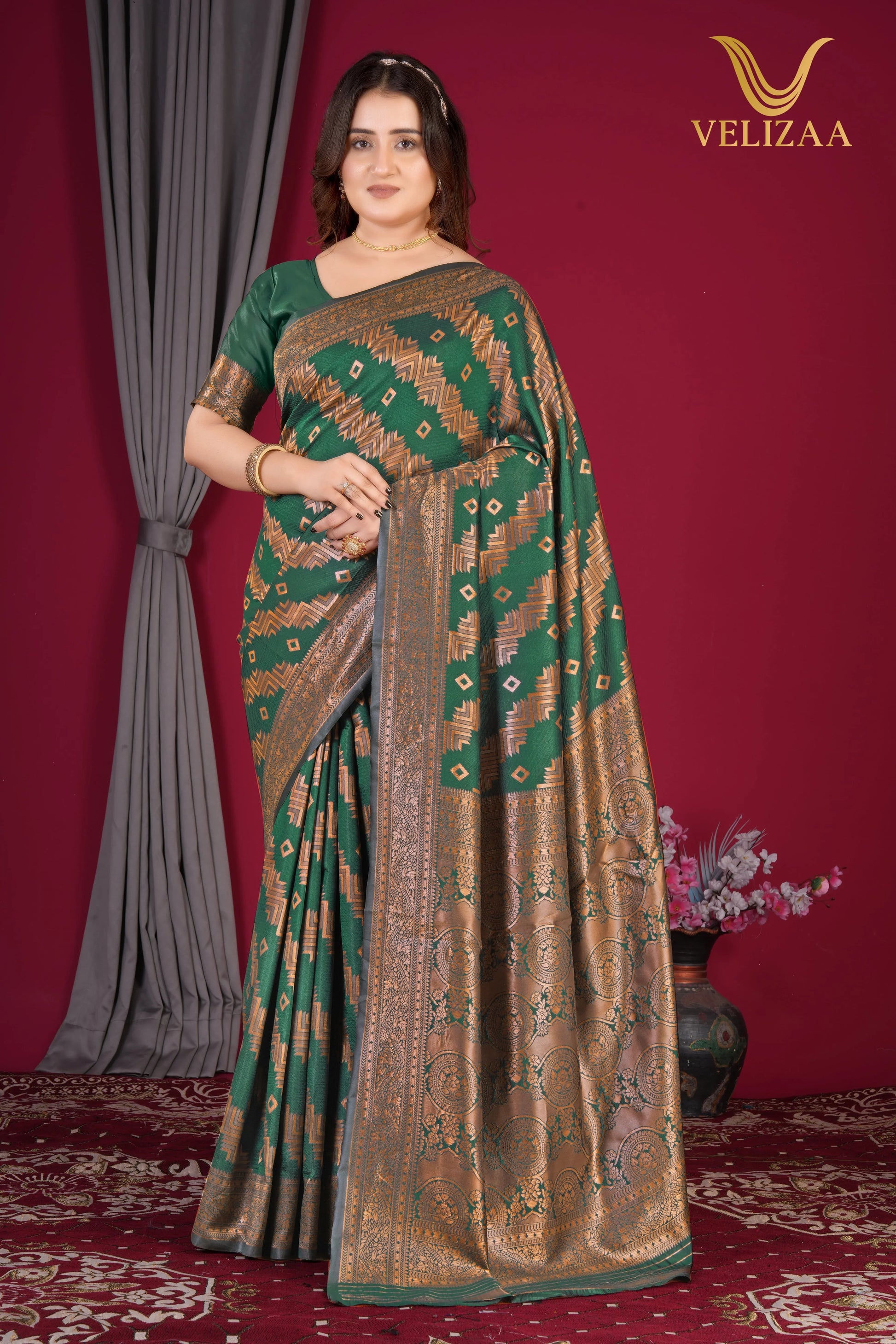 Dark Green Woven Banarasi Silk Saree - VELIZAA