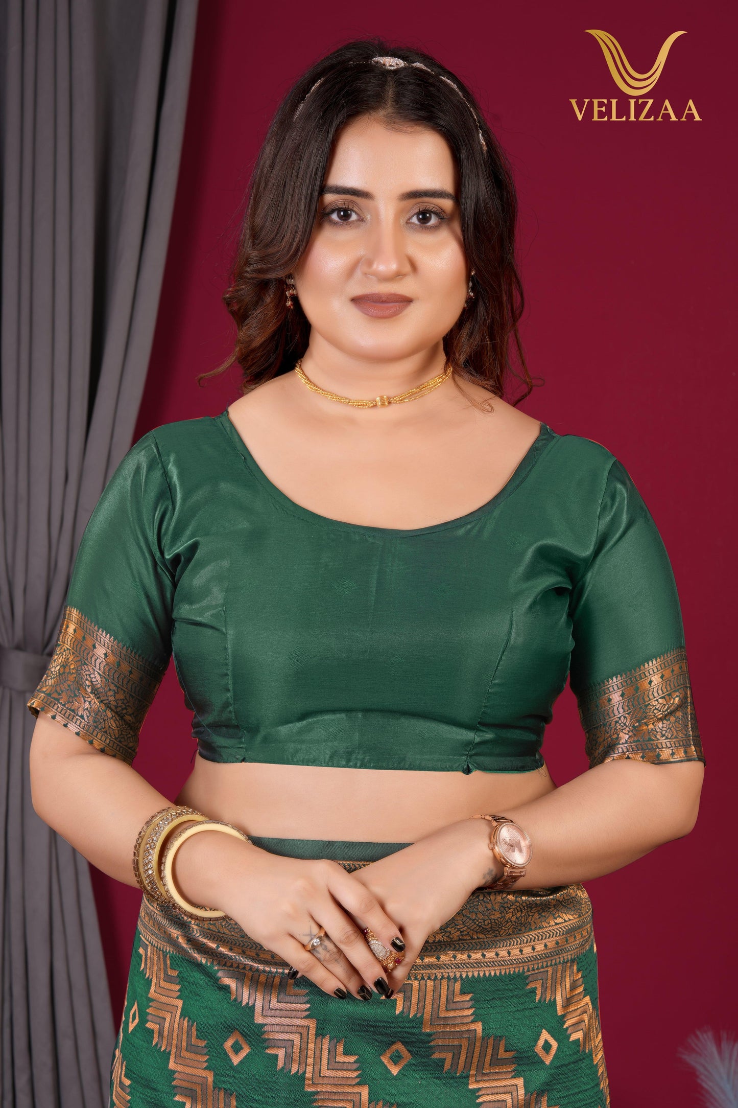 Dark Green Woven Banarasi Silk Saree - VELIZAA