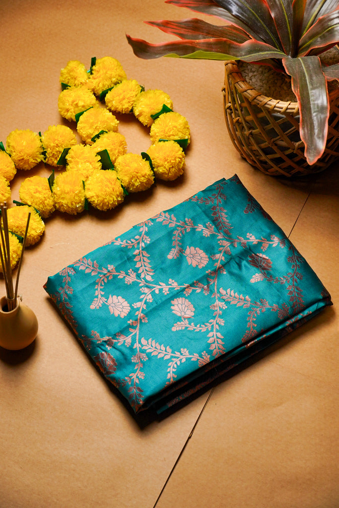 Teal Blue Banarasi Silk Saree with Zari Work - VELIZAA