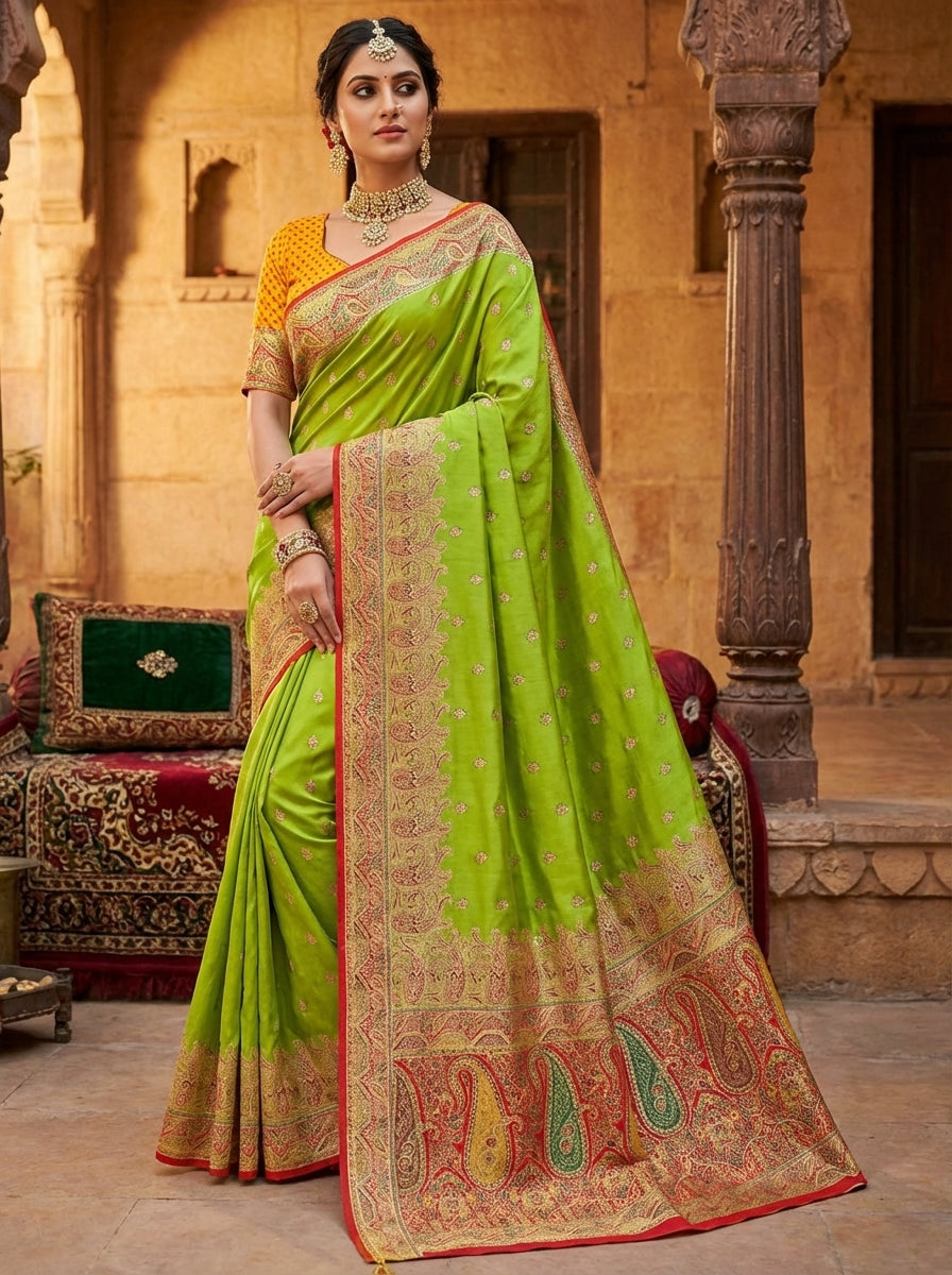 Lime Green Satin Silk Saree with Gold Zari Border