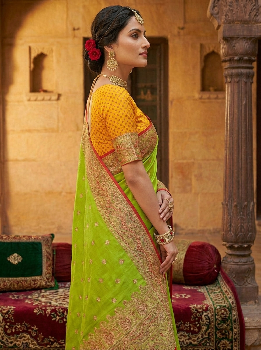 Lime Green Satin Silk Saree with Gold Zari Border
