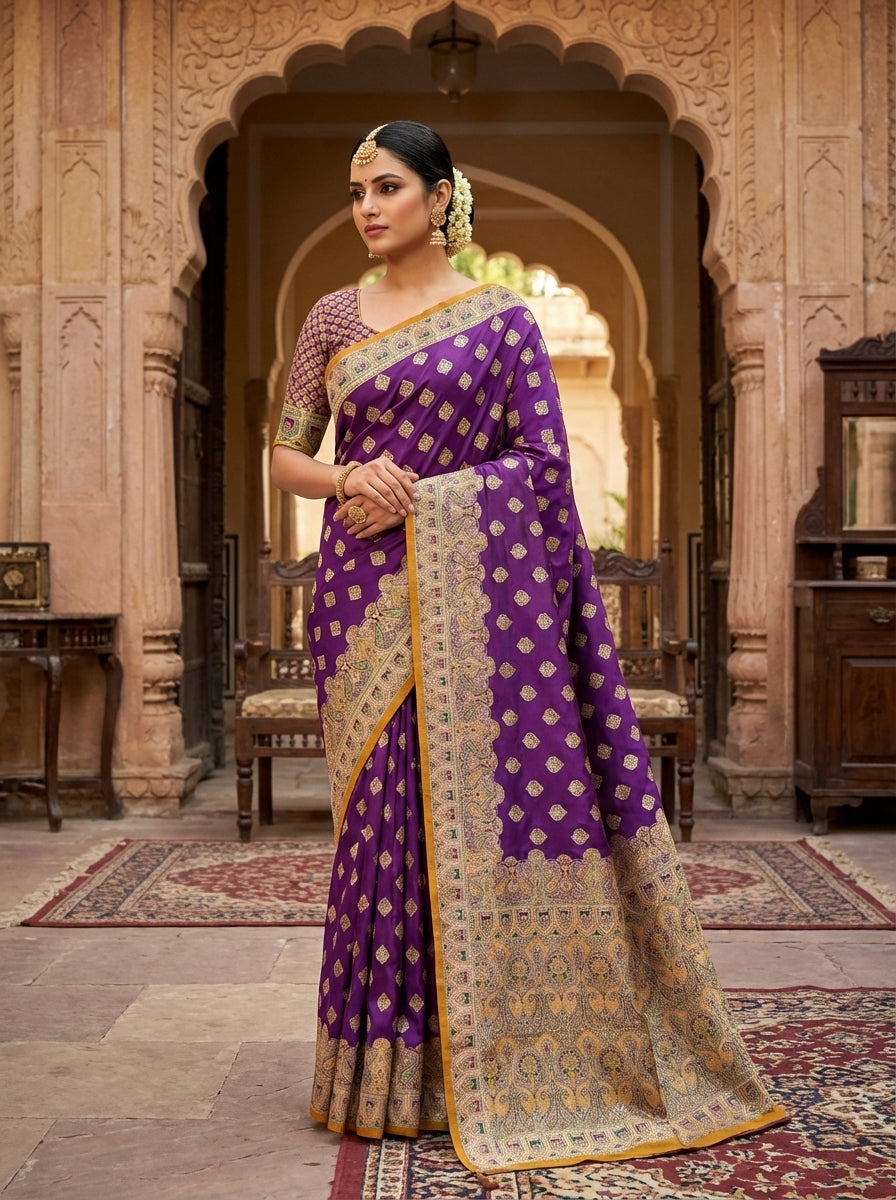 Royal Purple Satin Silk Zari Weaving Saree