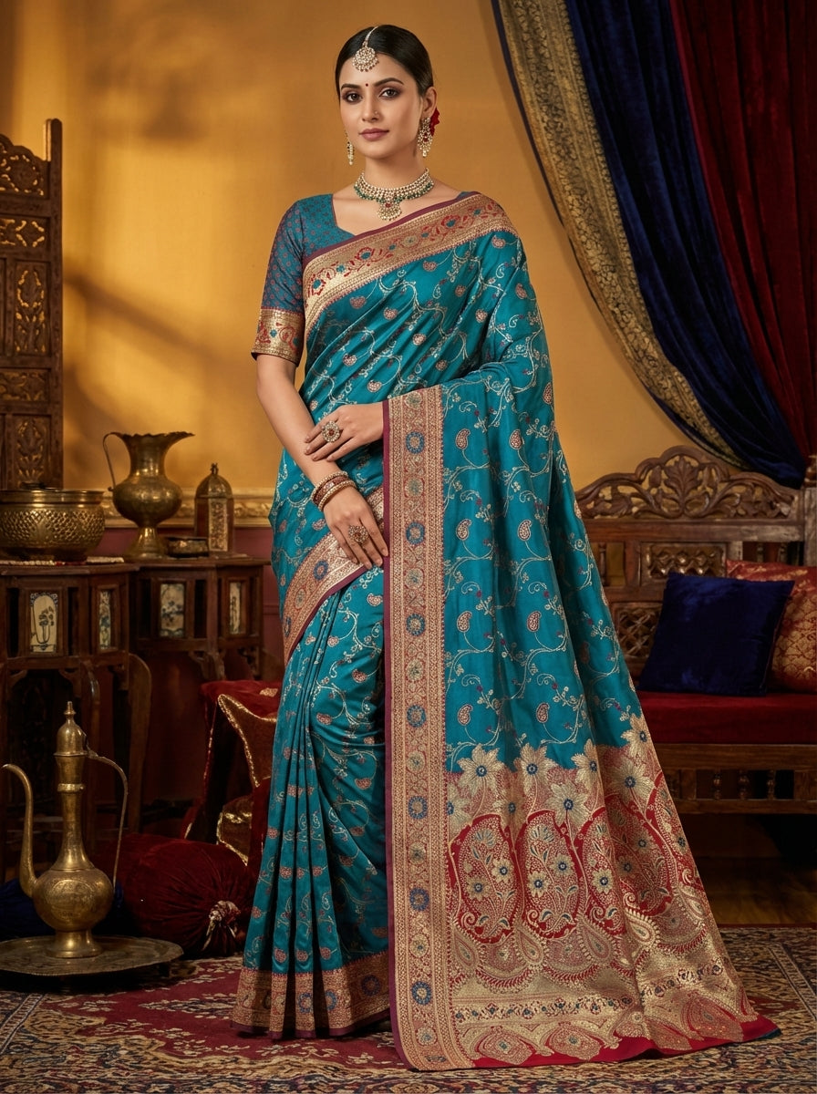 Teal Blue Satin Silk Saree with Red & Gold Zari Weave Border