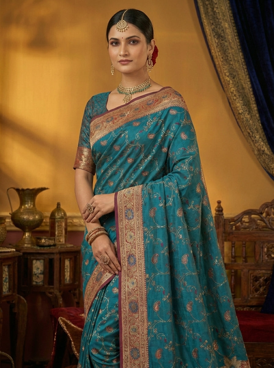 Teal Blue Satin Silk Saree with Red & Gold Zari Weave Border