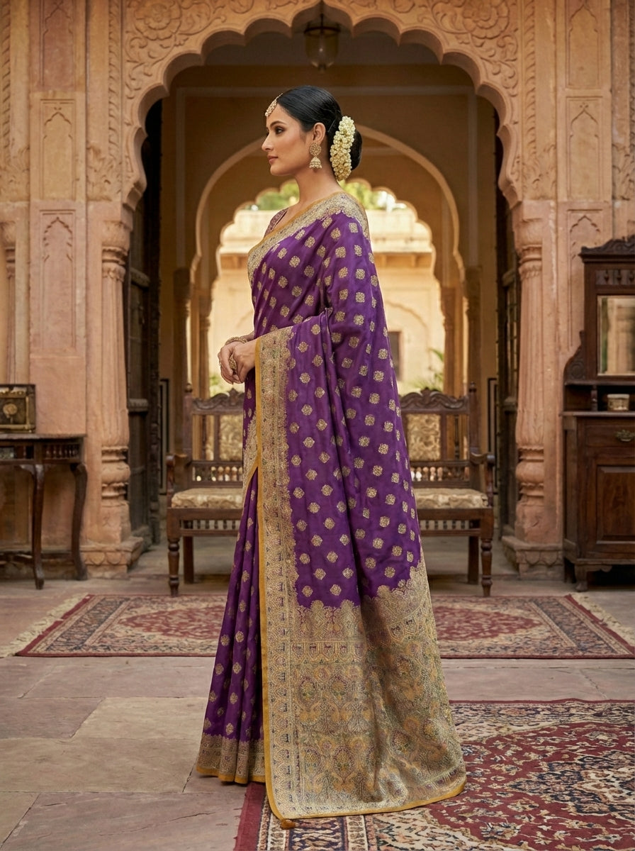 Royal Purple Satin Silk Zari Weaving Saree