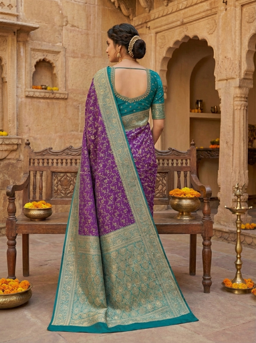 Purple Banarasi Silk Saree with Teal Blue Zari Border