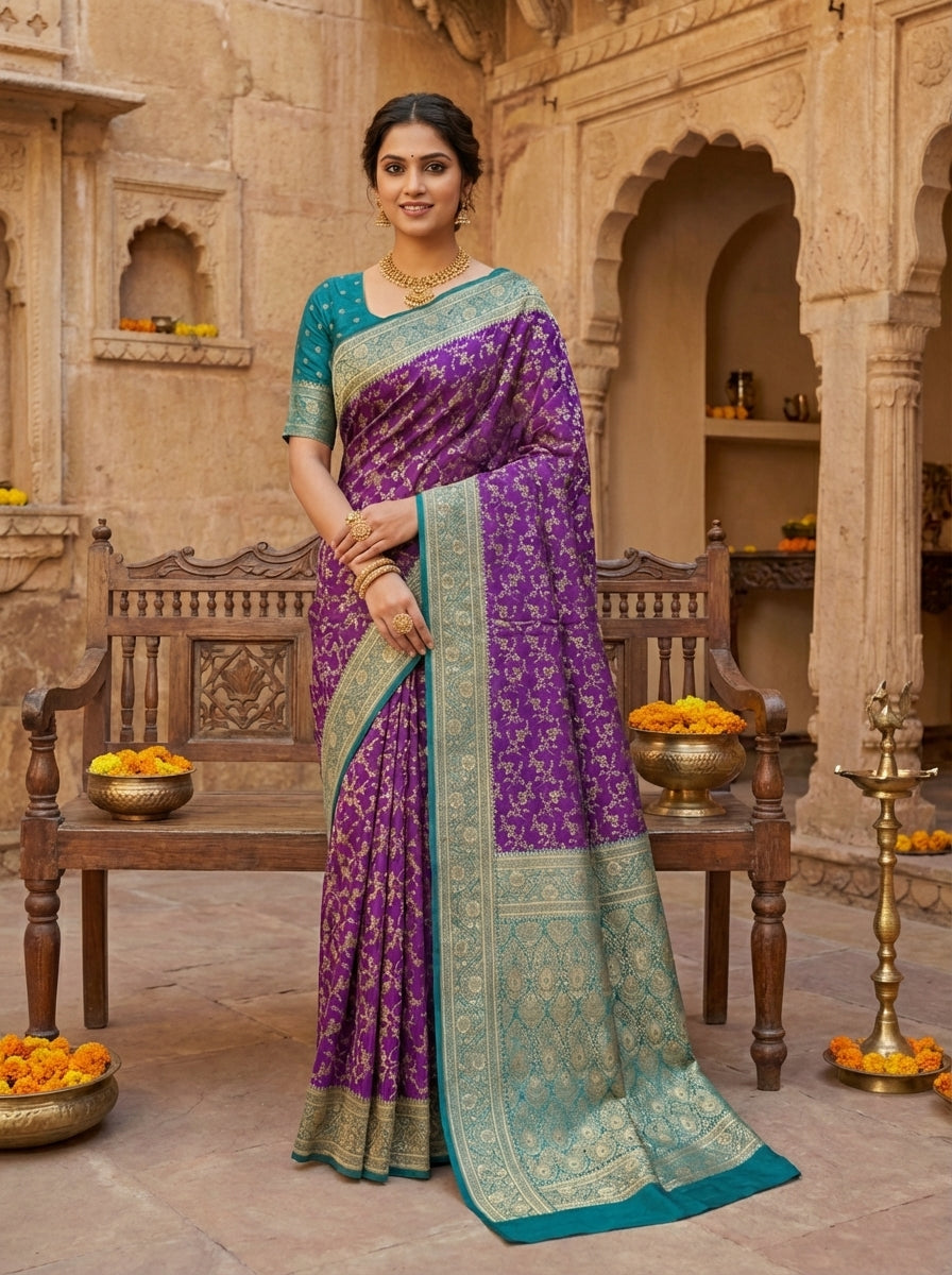 Purple Banarasi Silk Saree with Teal Blue Zari Border