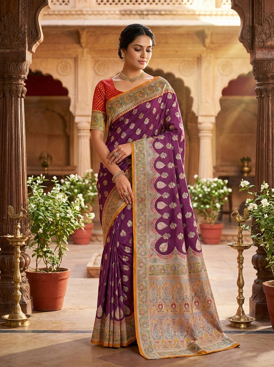 Classic Purple Satin Silk Saree with Rich Zari Work