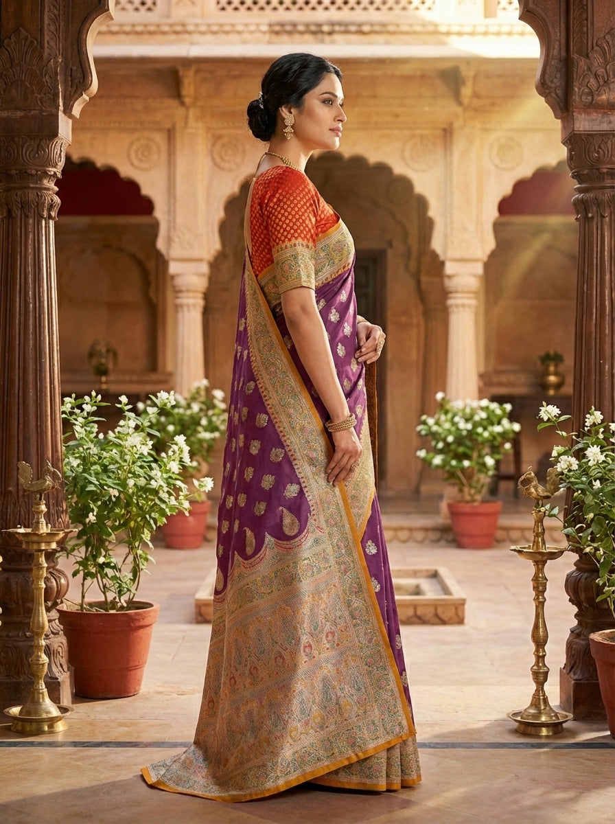 Classic Purple Satin Silk Saree with Rich Zari Work