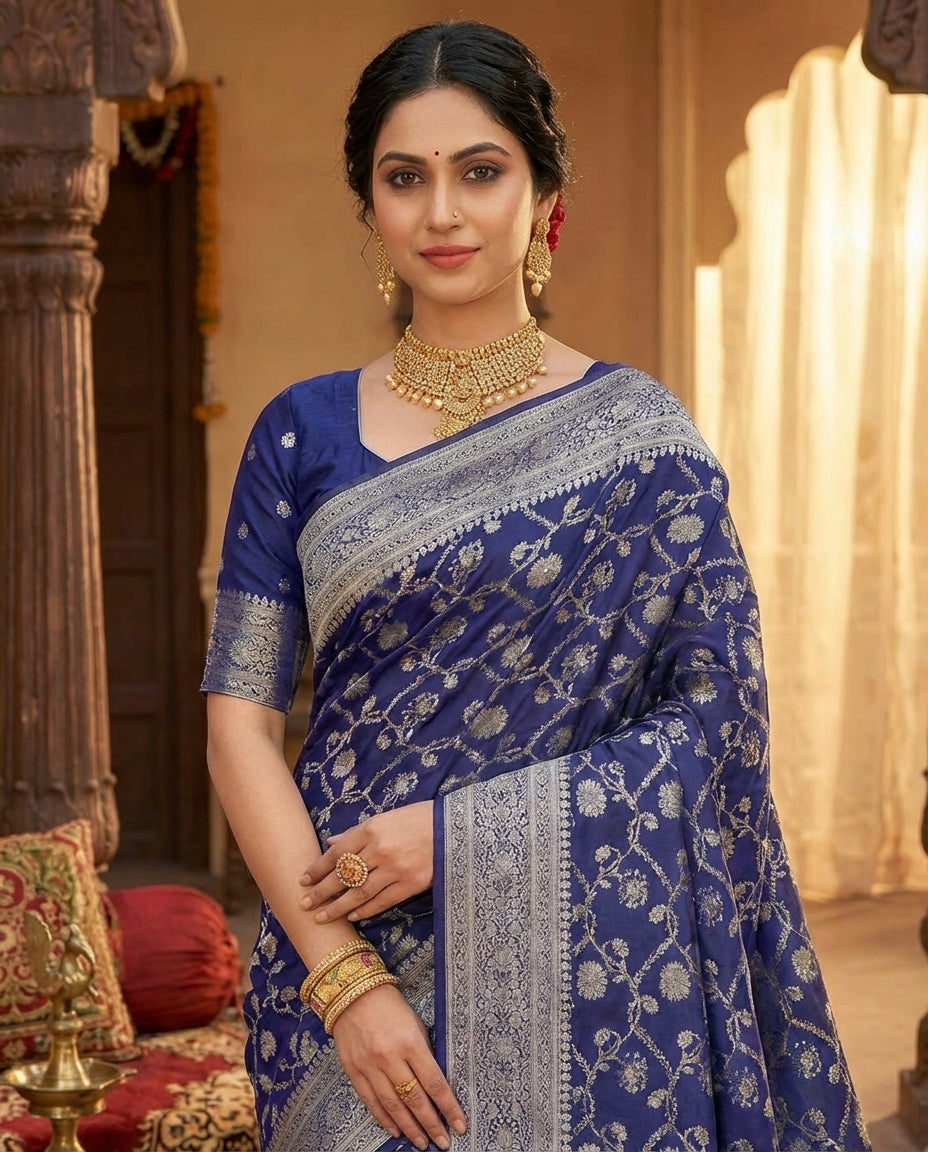 Navy Blue Banarasi Silk Saree