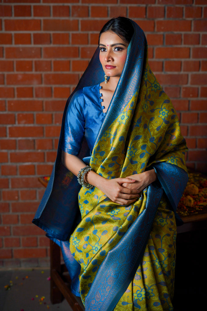Blue & Mustard Yellow Kanjivaram Silk Saree - VELIZAA