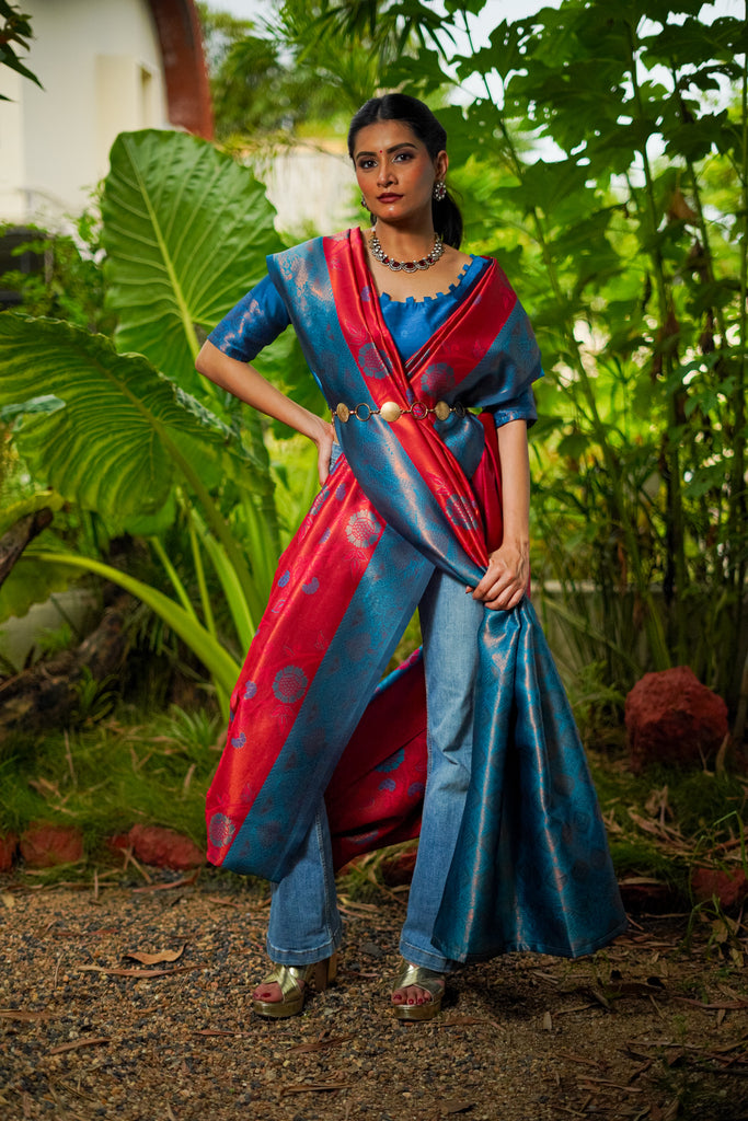Sky Blue & Red Kanjivaram Silk Saree with Floral Zari Weave