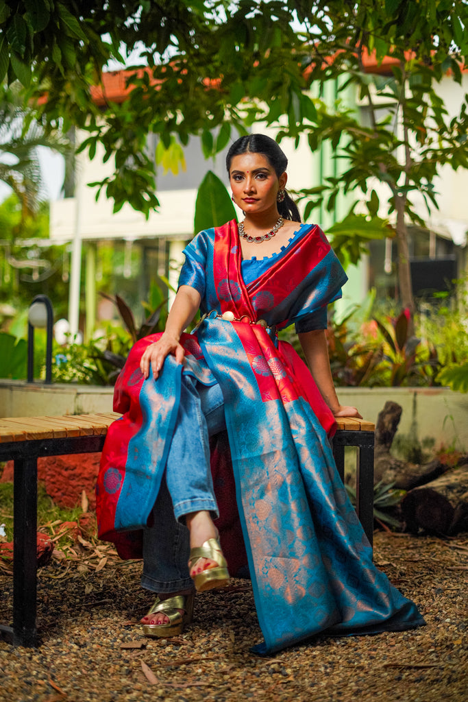 Sky Blue & Red Kanjivaram Silk Saree with Floral Zari Weave