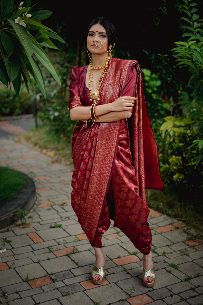 Velizaa Maroon Banarasi Silk Saree with Golden Zari Work - VELIZAA
