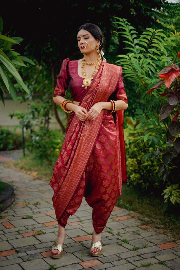 Velizaa Maroon Banarasi Silk Saree with Golden Zari Work