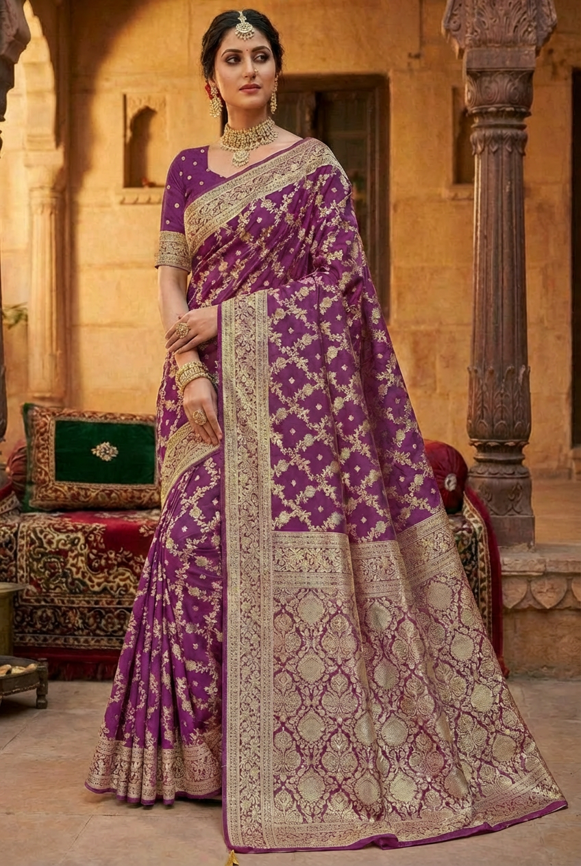 Purplish Pink Woven Banarasi Silk Saree