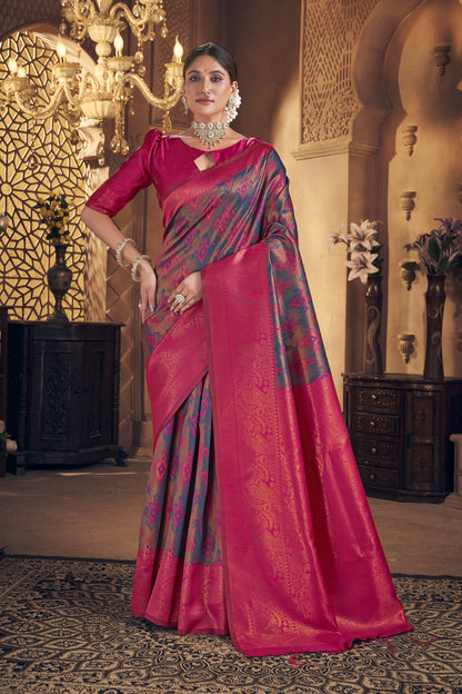 Grey & Hot Pink Kanjivaram Silk Saree