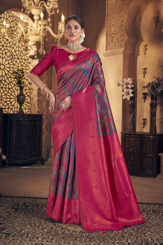 Grey & Hot Pink Kanjivaram Silk Saree