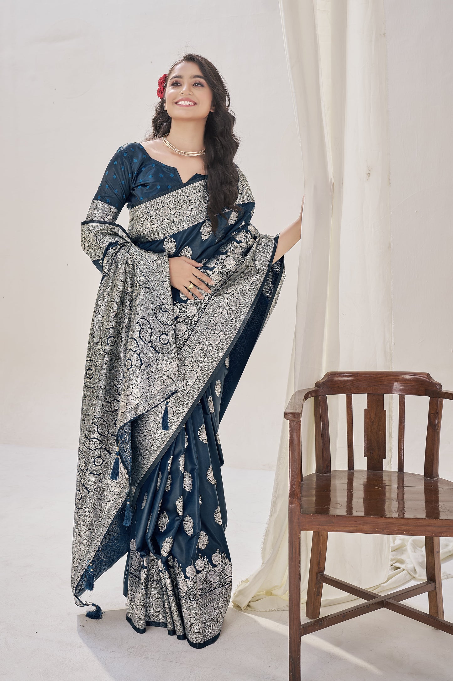 Navy Blue WovenSatin Silk Saree