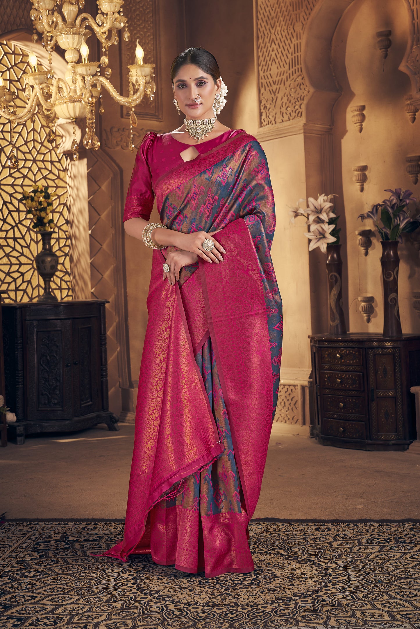 Grey & Hot Pink Kanjivaram Silk Saree