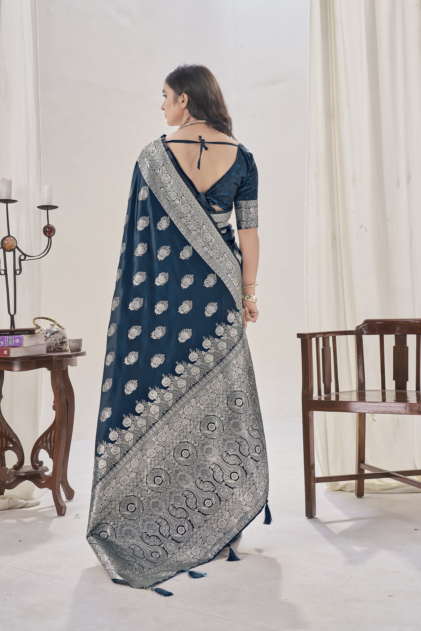 Navy Blue WovenSatin Silk Saree