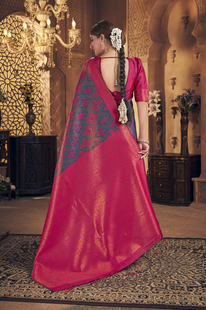 Grey & Hot Pink Kanjivaram Silk Saree
