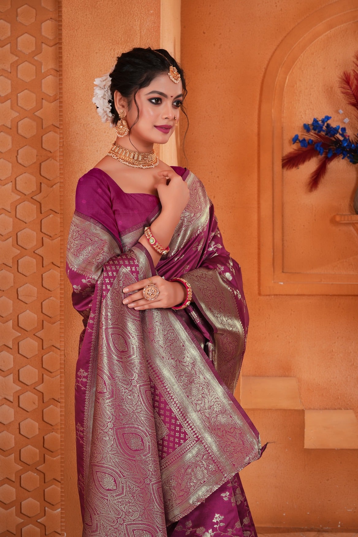 Magenta Pink Woven Banarasi Silk Saree