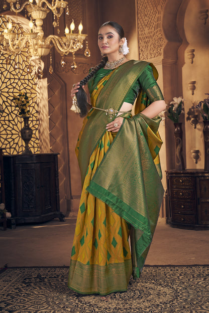Mustard Yellow & Emerald Green Kanjivaram Silk Saree