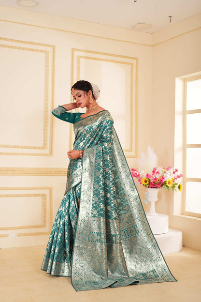 Emerald Green Woven Banarasi Silk Saree