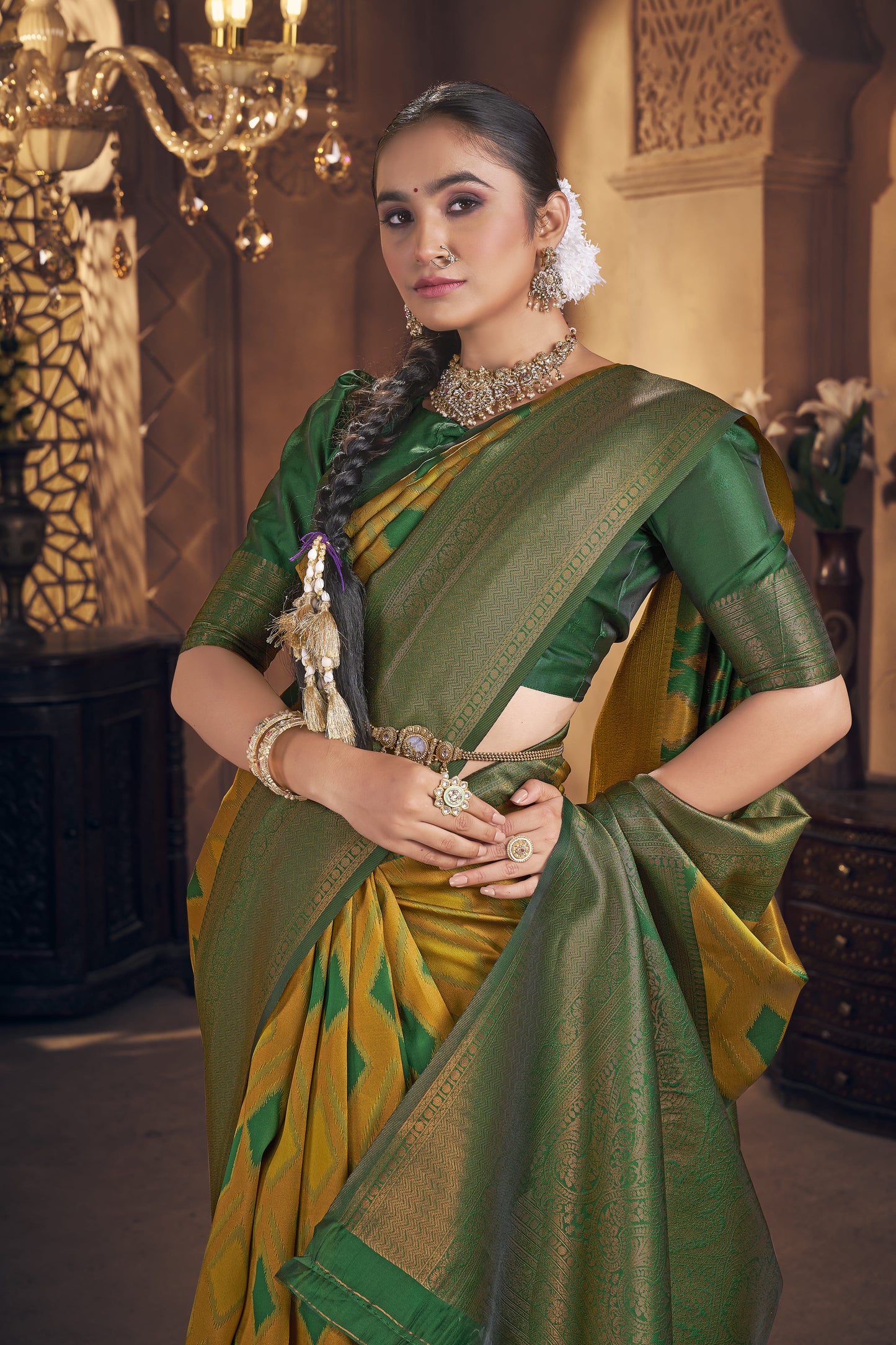 Mustard Yellow & Emerald Green Kanjivaram Silk Saree