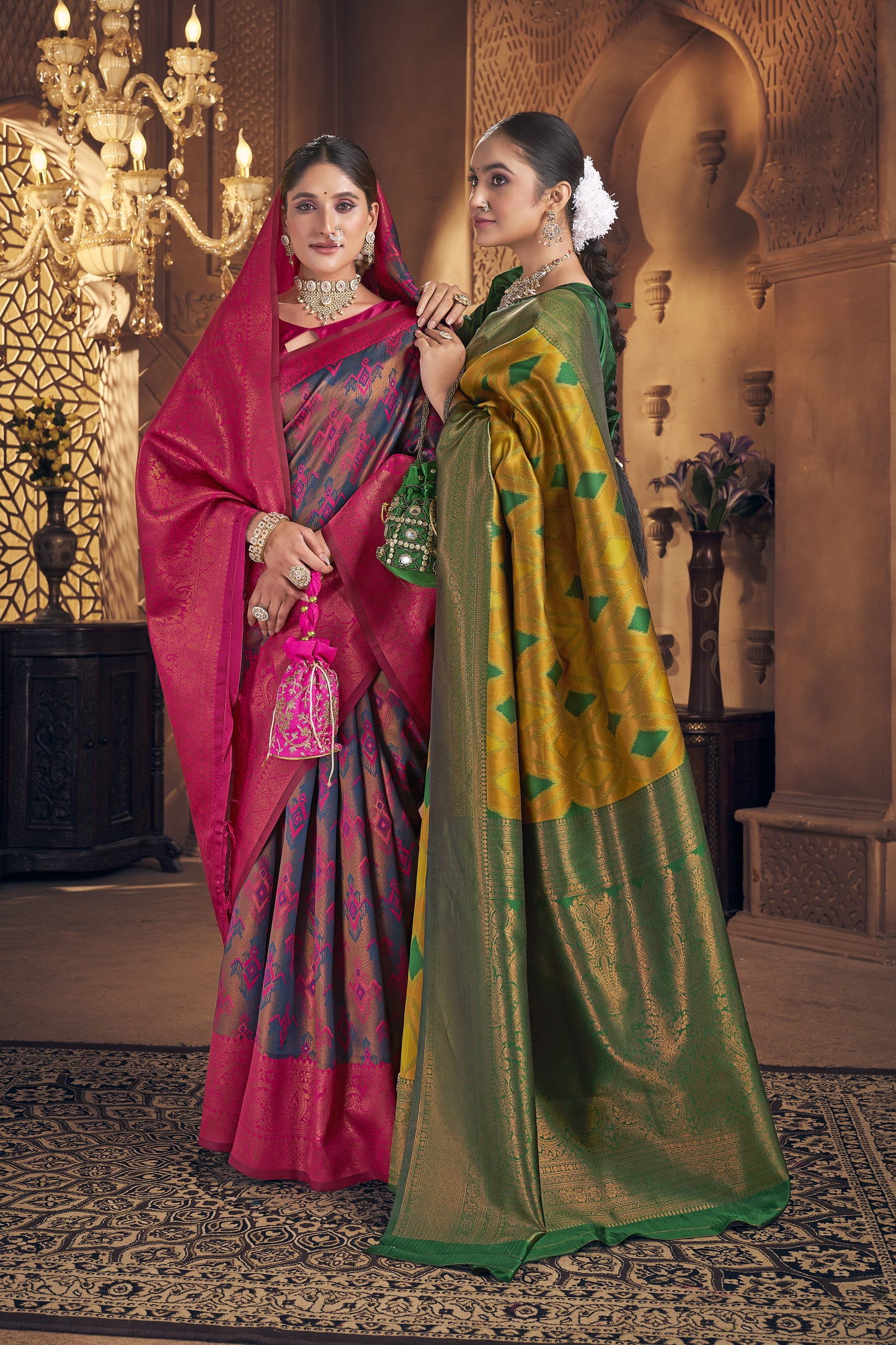 Mustard Yellow & Emerald Green Kanjivaram Silk Saree
