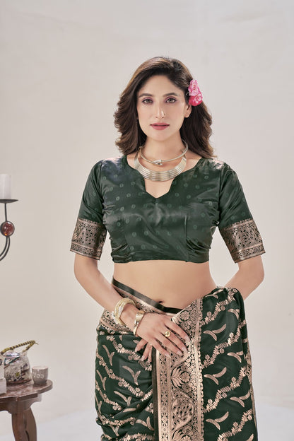 Dark Green WovenSatin Silk Saree