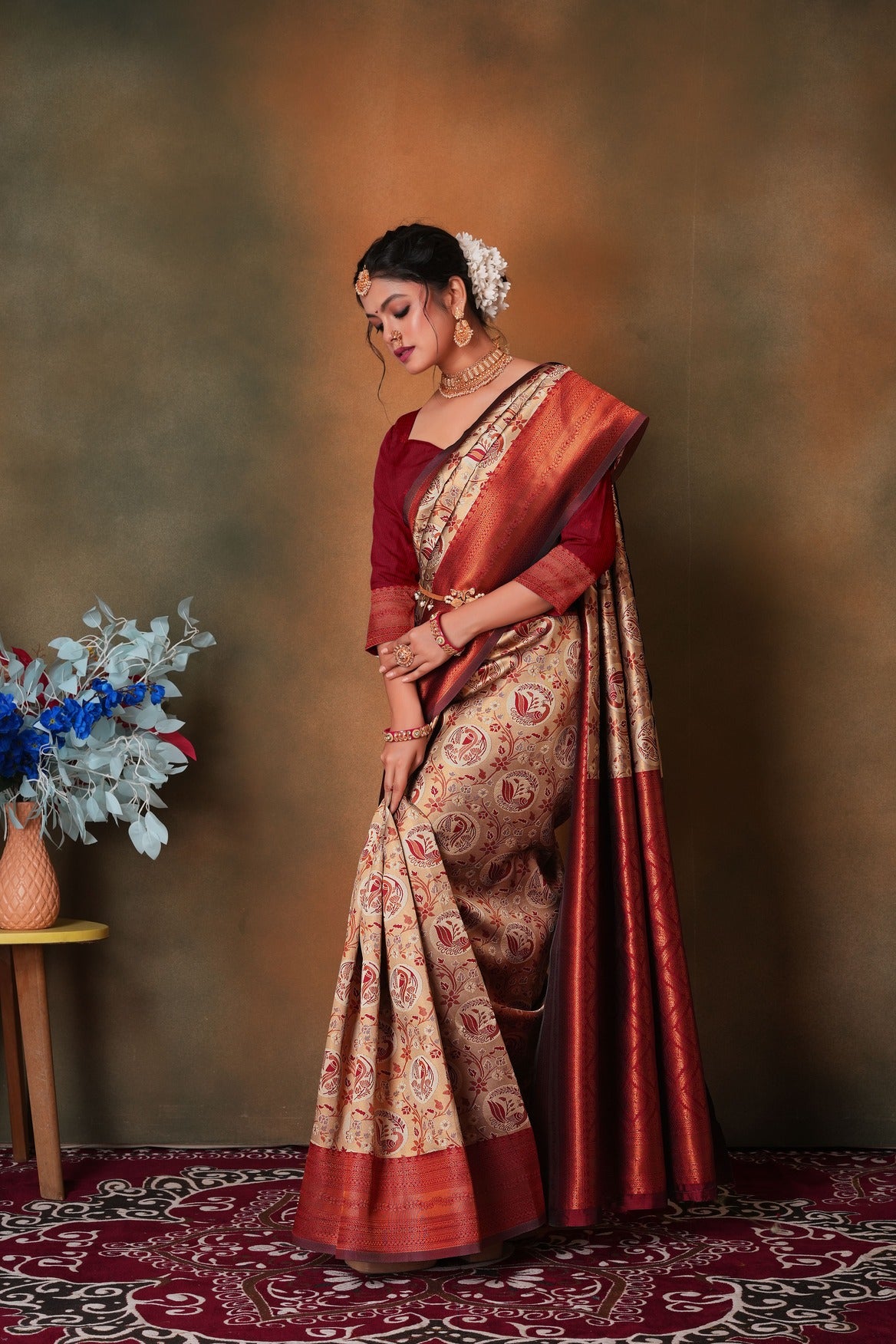 Rust Orange Woven Kanjivaram Silk Saree