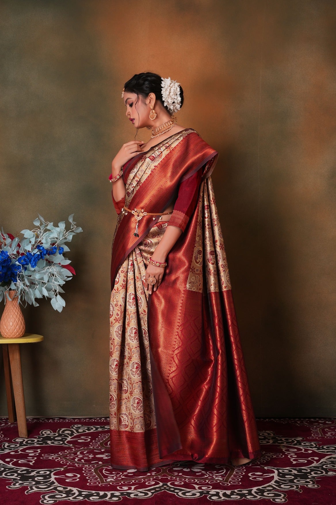 Rust Orange Woven Kanjivaram Silk Saree