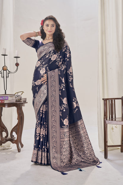 Navy Blue Woven Satin Silk Saree