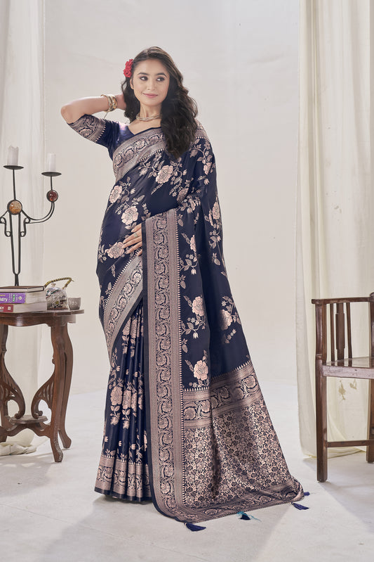 Navy Blue Woven Satin Silk Saree