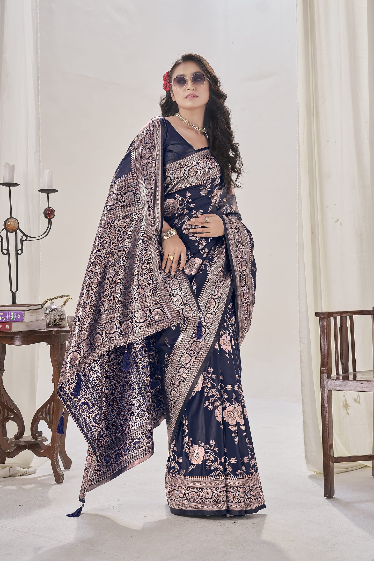 Navy Blue Woven Satin Silk Saree