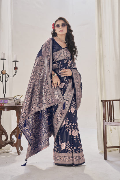 Navy Blue Woven Satin Silk Saree