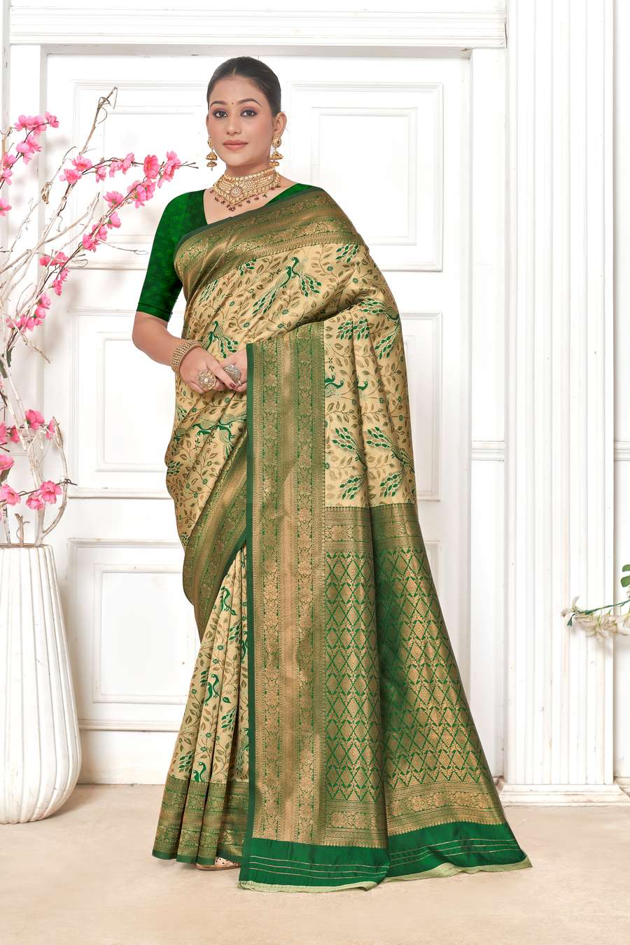 Beige & Green Kanjivaram Silk Saree
