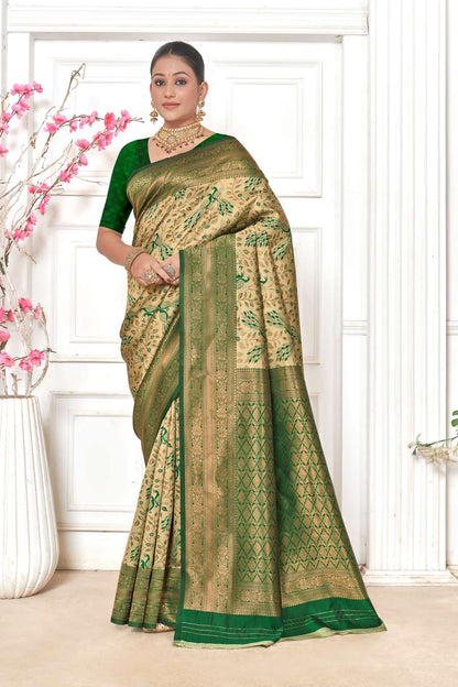 Beige & Green Kanjivaram Silk Saree
