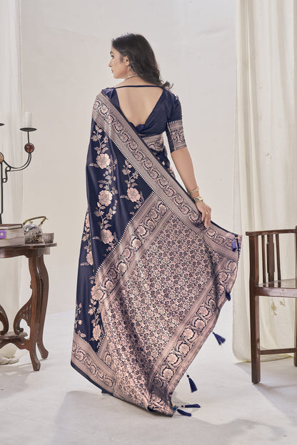 Navy Blue Woven Satin Silk Saree