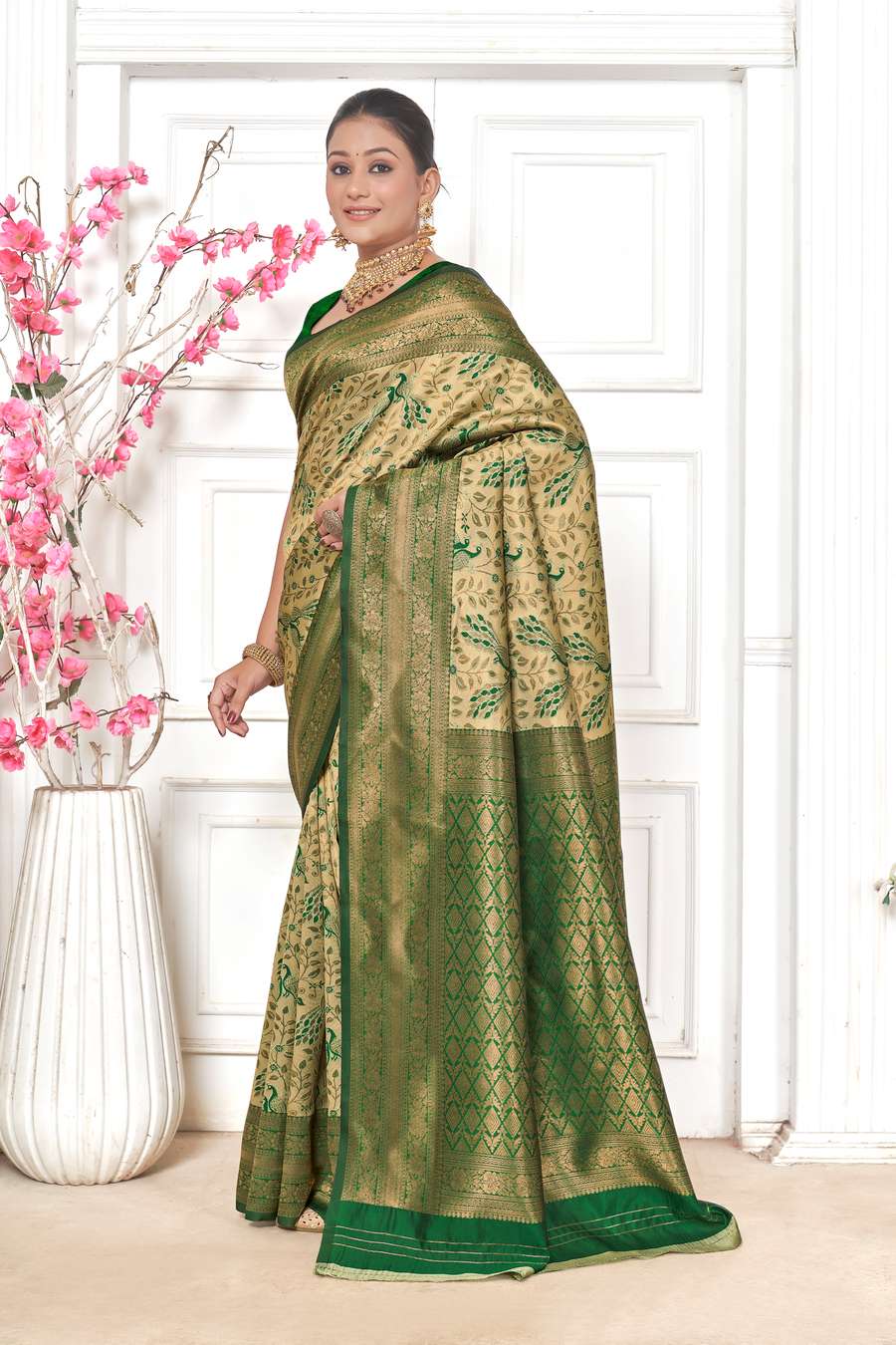 Beige & Green Kanjivaram Silk Saree