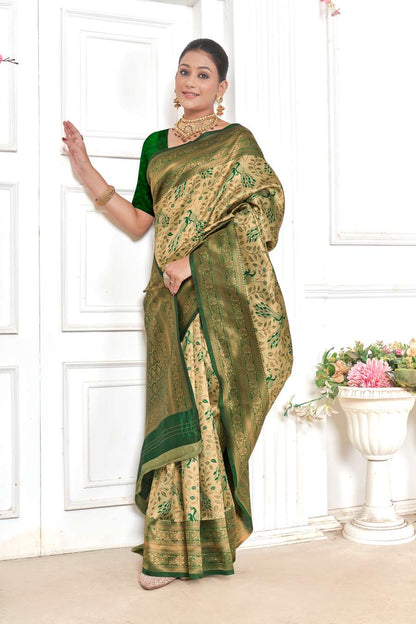 Beige & Green Kanjivaram Silk Saree