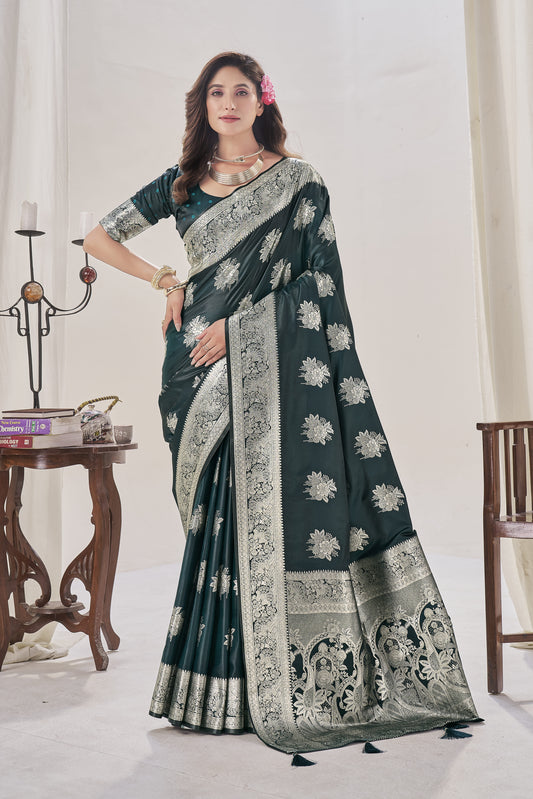 Rama Green Woven Satin Silk Saree