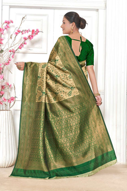 Beige & Green Kanjivaram Silk Saree