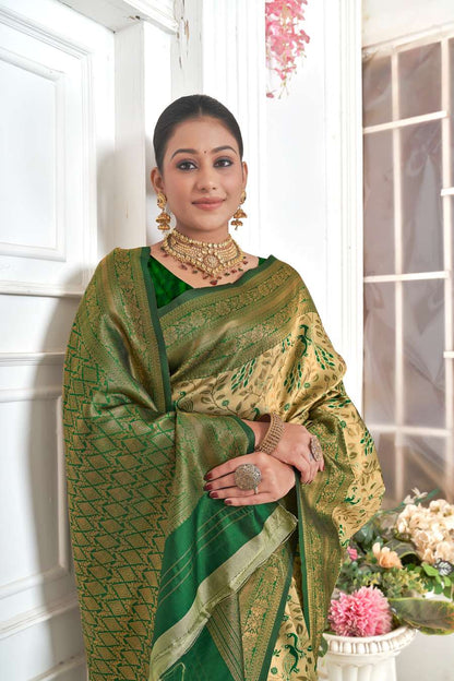 Beige & Green Kanjivaram Silk Saree